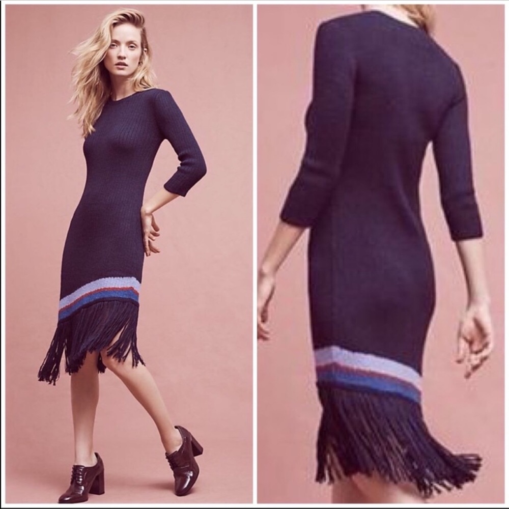 Anthropologie Harare Navy Knit Midi Dress with Fringe and Stripe Detail